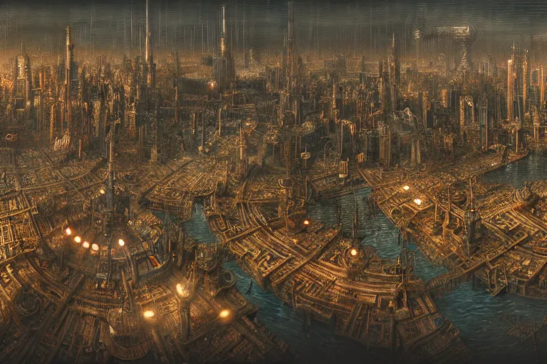 Prompt: an elaborate penned illustration of a apocalyptic intricate connected city of tubes and pipes, muted colors, copper pipers, by jan van haasteren and jheronimus bosch, unreal engine, physically based rendering, ariel view, tilt - shift, grim, moody, shiny, reflective, cinematic