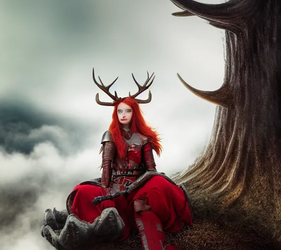 Image similar to a portrait photo of an armored woman warrior redhead with antlers sitting on the edge of a giant red cap mushroom that covers a whole town and reaches above the clouds by luis royo. intricate. lifelike. soft light. sony a 7 r iv 5 5 mm. cinematic post - processing