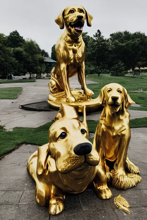 Image similar to a huge golden statue of a dog smiling, photography