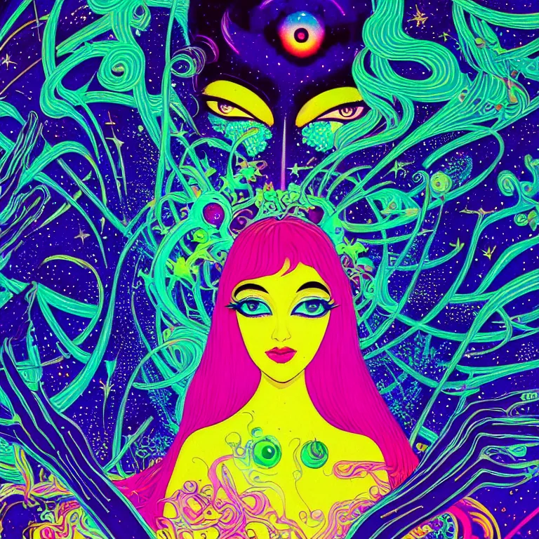 Prompt: cosmic girl surrounded by symbols, medium close - up, realistic face, psychedelic crystal background, bright neon colors, highly detailed, cinematic, eyvind earle, tim white, philippe druillet, roger dean, lisa frank, aubrey beardsley, hiroo isono