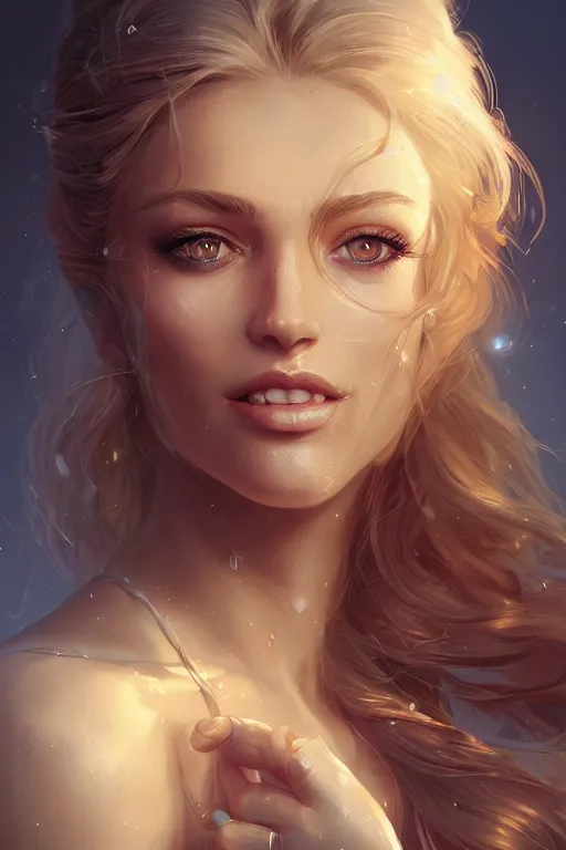 Image similar to an insanely detailed portrait of a beautiful woman facing you, highly detailed features, sparkling blue eyes, long eyelashes, long golden blonde hair, beautiful smile, in the style of peter mohrbacher, artgerm, dramatic lighting and composition, octane render, trending on artstation, concept art 8 k