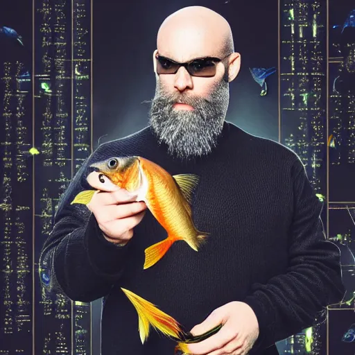 Image similar to bearded and bald man armed with a fish in matrix universe