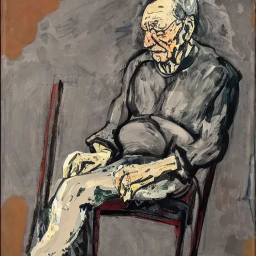 Image similar to painting of an old man sitting on a chair, waiting, by georg baselitz