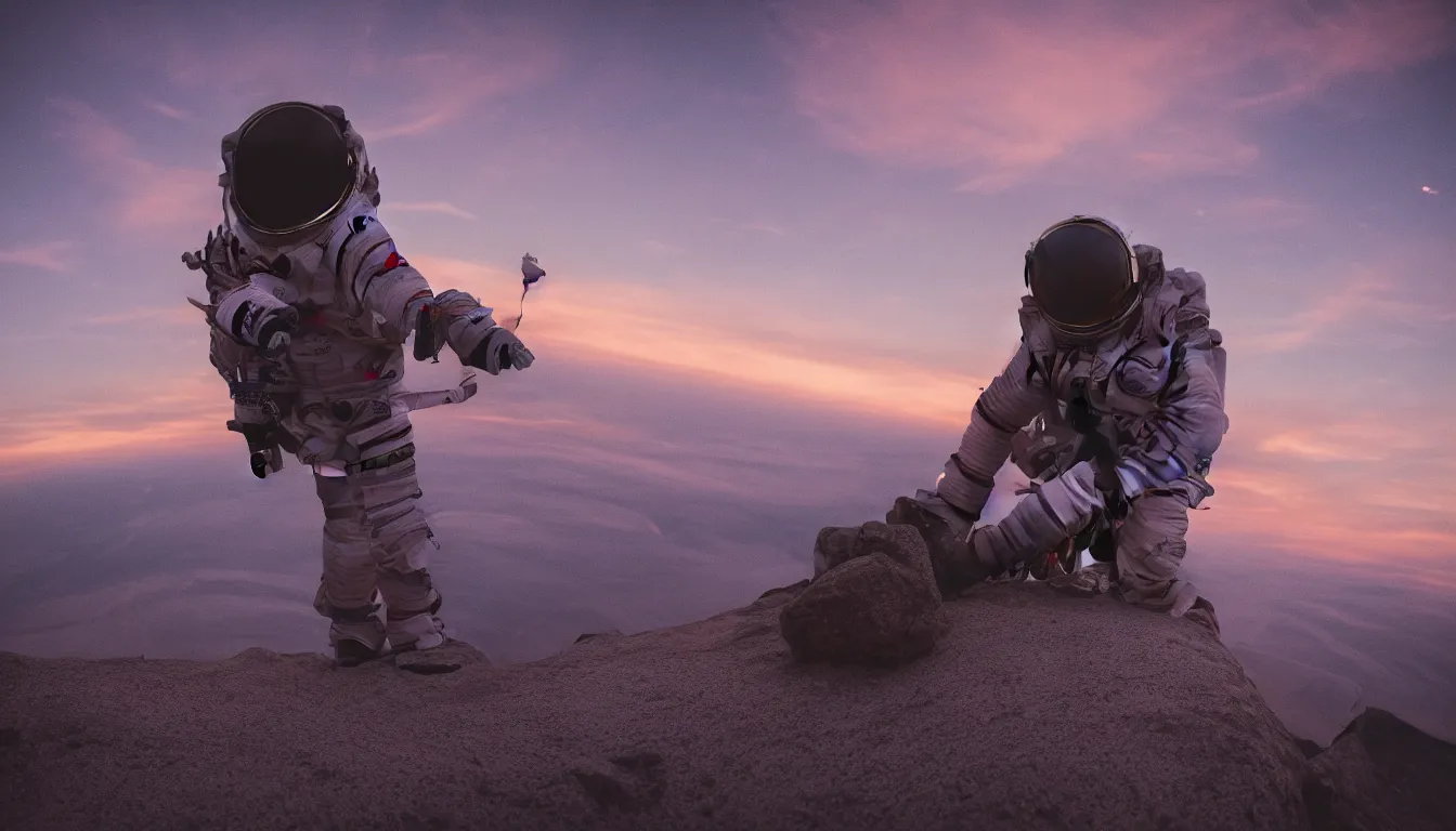 Image similar to lone astronaut sat on top of a mountain looking at the horizon of a unknown planet,extremely close shot from the back of the astronaut, helmet reflection, sunset, cinematic, epic, dark scenario, 8k, award winning,