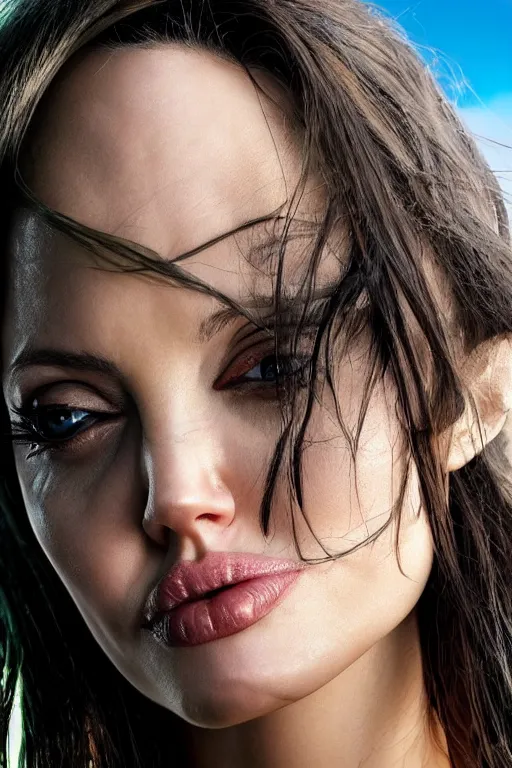 Image similar to close up headshot of angelina jolie as Nico Robin from One Piece standing on a beach, cosplay, photograph by Zhang Jingna