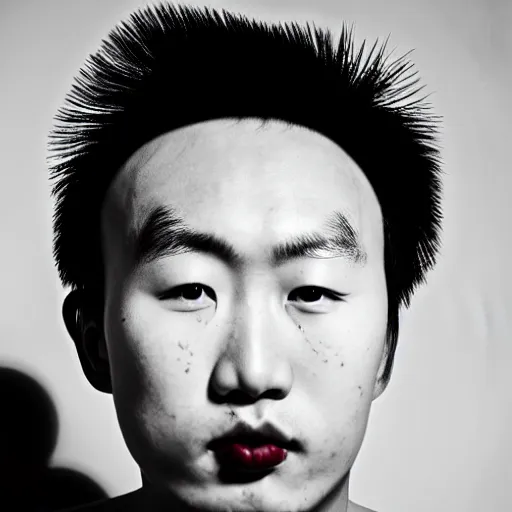 Image similar to beautiful tragic young chinese man with gutterpunk poke and stick face tattoos at dusk, black & white, richard avedon, 5 0 mm, grainy, low light