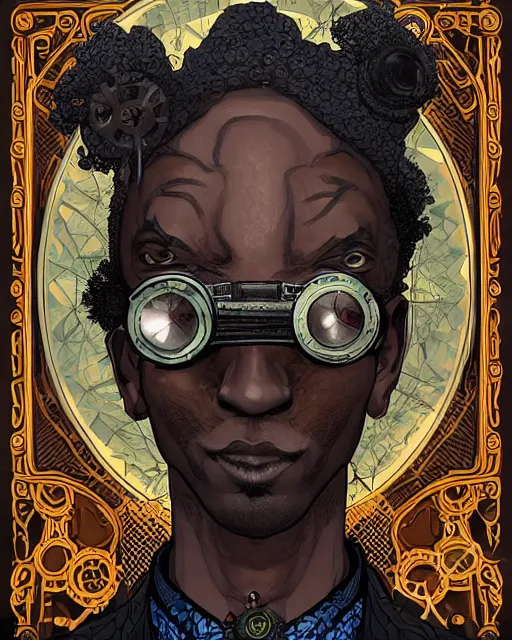 Image similar to a detailed portrait illustration of a steampunk wizard - sage. beautiful black male face, thin, hollow eyes. blonde afro hairstyle. art nouveau, pop art, comic book style. influenced by neil gaiman, h. p. lovecraft, dan mumford, brian froud, vadim voitekhovitch, osborne macharia, ross tran.