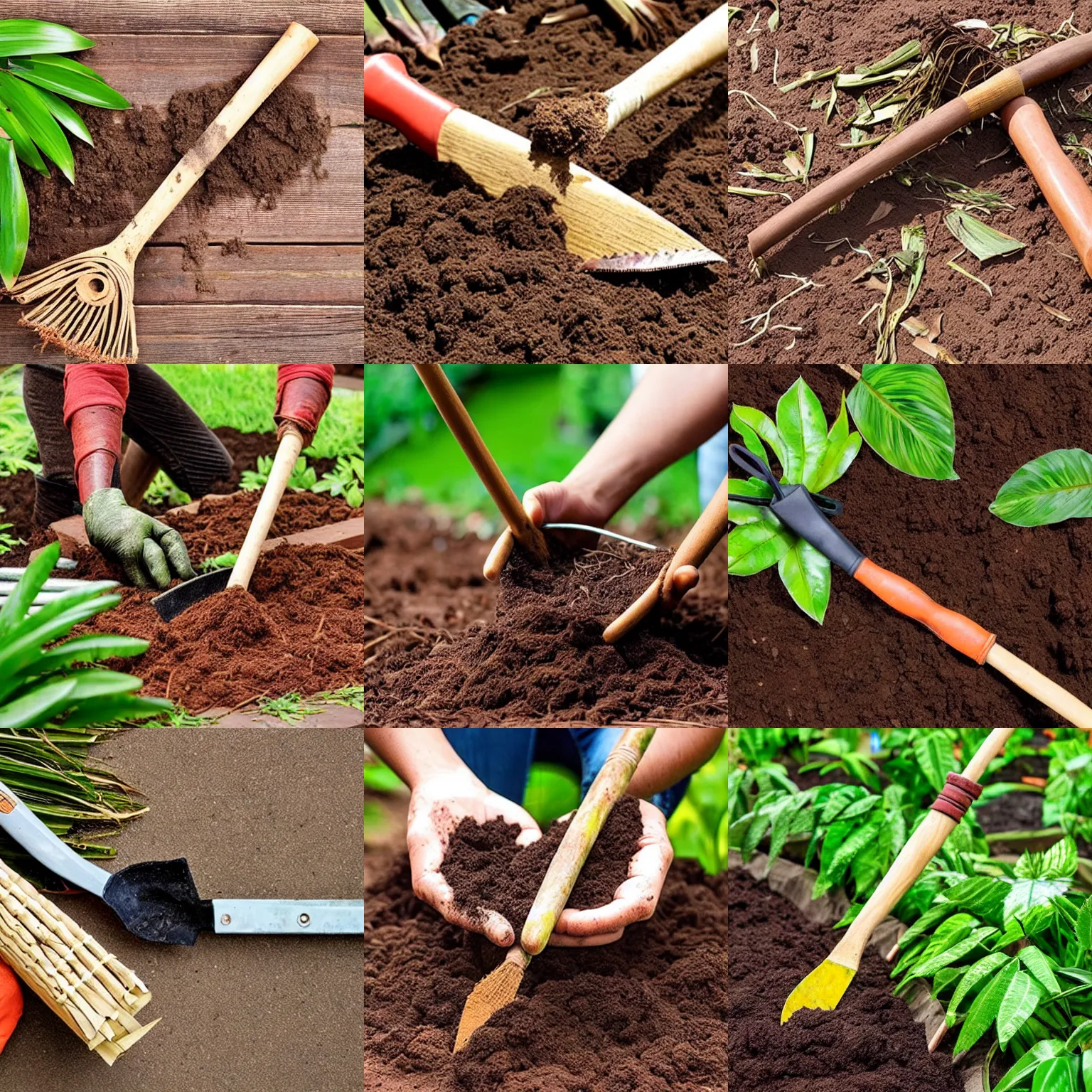 Prompt: gardening hoe with a wooden handle wrapped with dried palm leaves