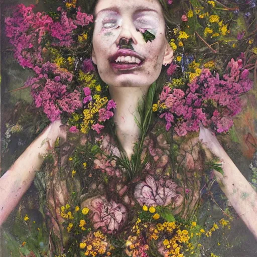 Prompt: portrait of a beautiful woman corpse covered in flowers in the middle of a Forest, ray gods, oil paint,