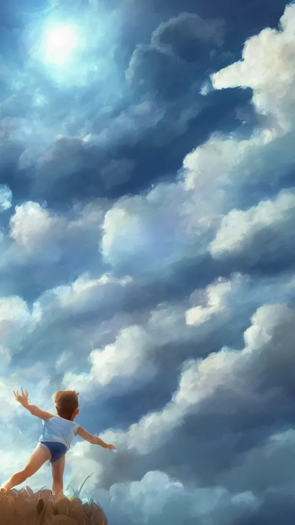 Image similar to A boy swimming in the clouds, volumetric lightin, highly detailed, digital painting, artstation, concept art, smooth, sharp focus, blue sky, sunshine