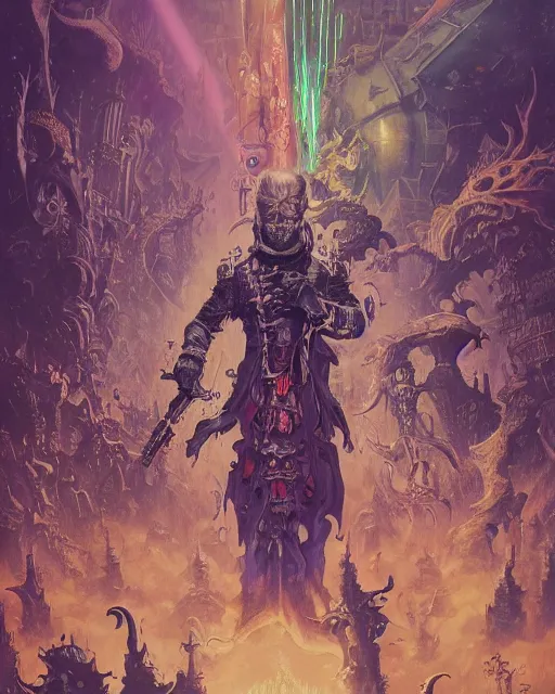 Prompt: Joe Biden with a wide grin shooting laser beams out of his eyes into a crowd, Evil, chaos, hypermaximalist, ornate, horror, Peter Mohrbacher, Marc Simonetti, Mike Mignola, detailed, intricate ink illustration, symmetry, bloodborne, colorful