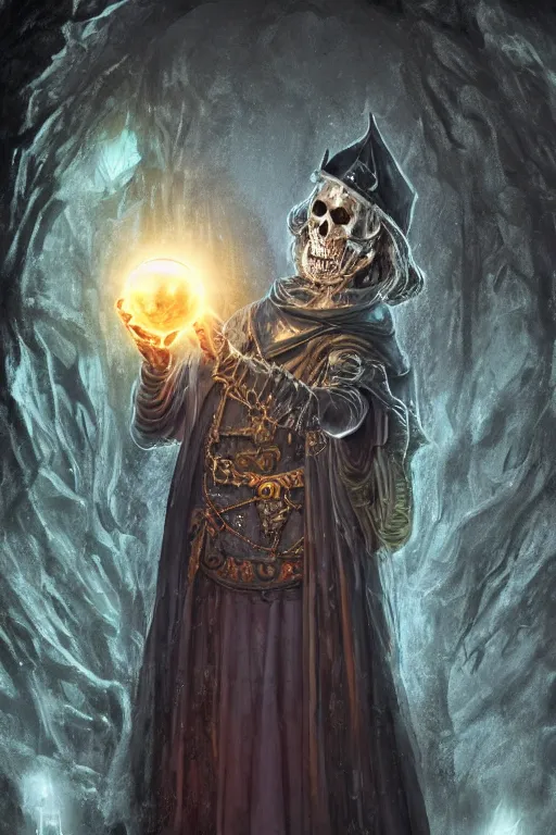 Prompt: a lich holding a magical orb, surrounded by an aura of darkness, human skull, in a medieval crypt, fantasy horror art, digital painting, HDR, 8k, cgsociety, octane engine, by Tim White and John Stephens