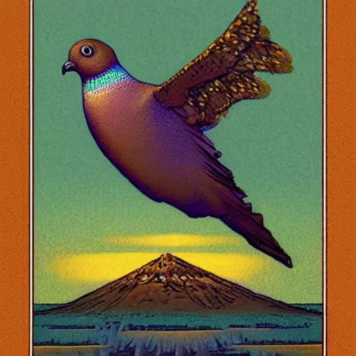 Image similar to holographic symetrical deepfried mountain range triangle pigeon nectar date chablis , by Lawren Harris and Esao Andrews and Bruce Pennington , seapunk , tarot card , #pixelart