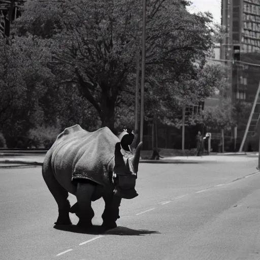 Image similar to photograph of a rhinoceros running down a street