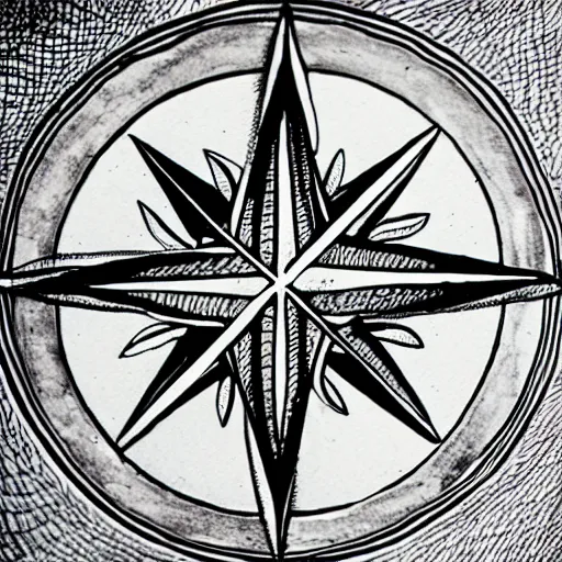 Prompt: a pen and ink drawing of a compass rose made of tentacles