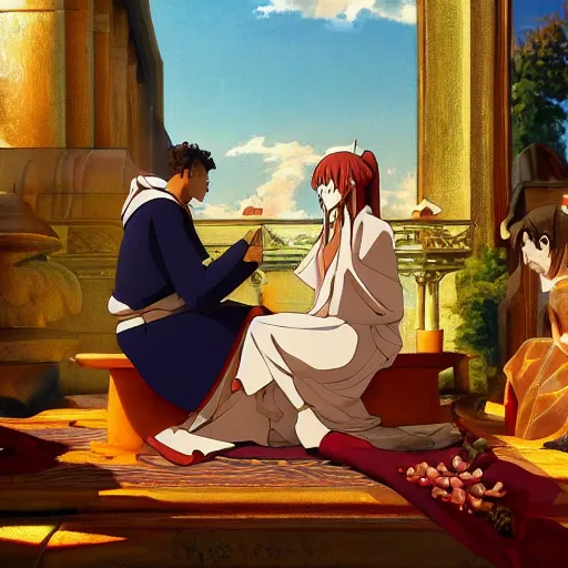 Prompt: a oil painting of the marriage between a modern god and a modern goddess in the style of slice of life anime Photorealistic HD 8k highlights and shadow detailed High Resolution