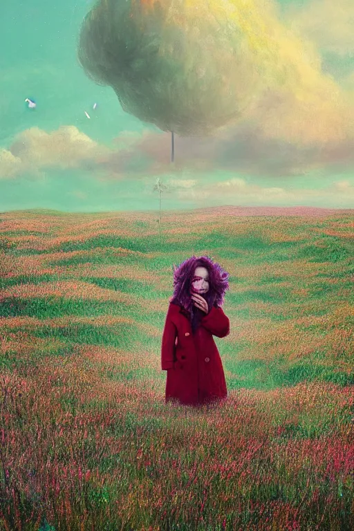 Prompt: portrait, a giant flower head, a girl wearing a coat in heather field, surreal photography, wind and cold, dramatic sky, impressionist painting, digital painting, artstation, simon stalenhag