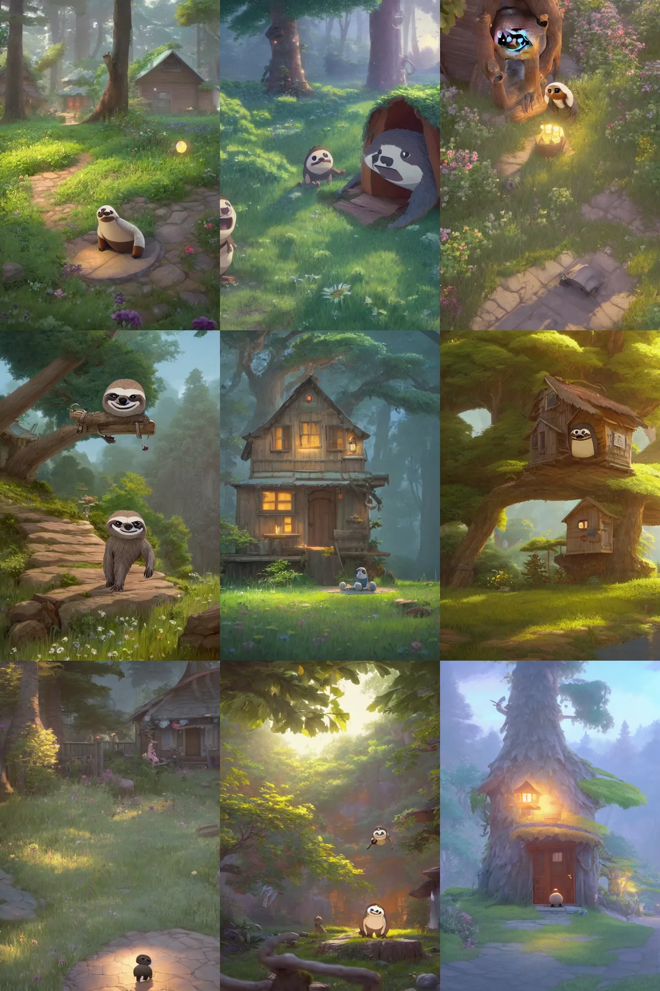 Prompt: a wholesome cottagecore of a happy cartoon Sloth, studio Ghibli, Pixar and Disney animation, sharp, Rendered Unreal Engine 5 by Greg Rutkowski, Bloom, dramatic lighting