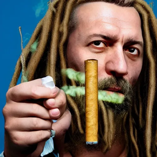 Prompt: Aleksandar Vučić hyperrealistic and detailed poster with dreadlocks smoking a joint, photography