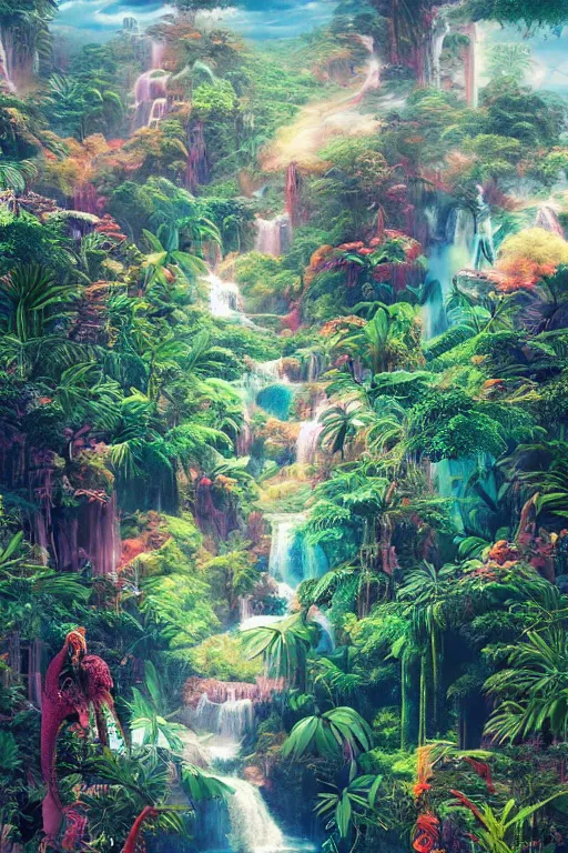 Prompt: aerial view of a colorful jungle with rivers and waterfalls, by artgerm, tom bagshaw, gerald brom, vaporwave colors, lo - fi colors, vaporwave, lo - fi, moody vibe, goth vibe, full body, rendered by substance designer,