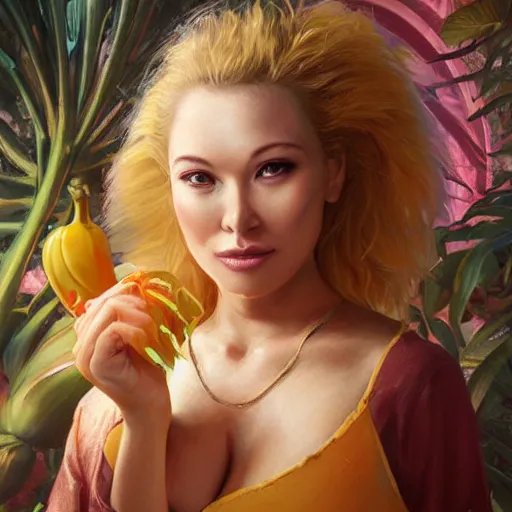 Image similar to portrait of a banana woman ( 3 5 ) from banana palm in 2 0 2 1, an oil painting by ross tran and thomas kincade