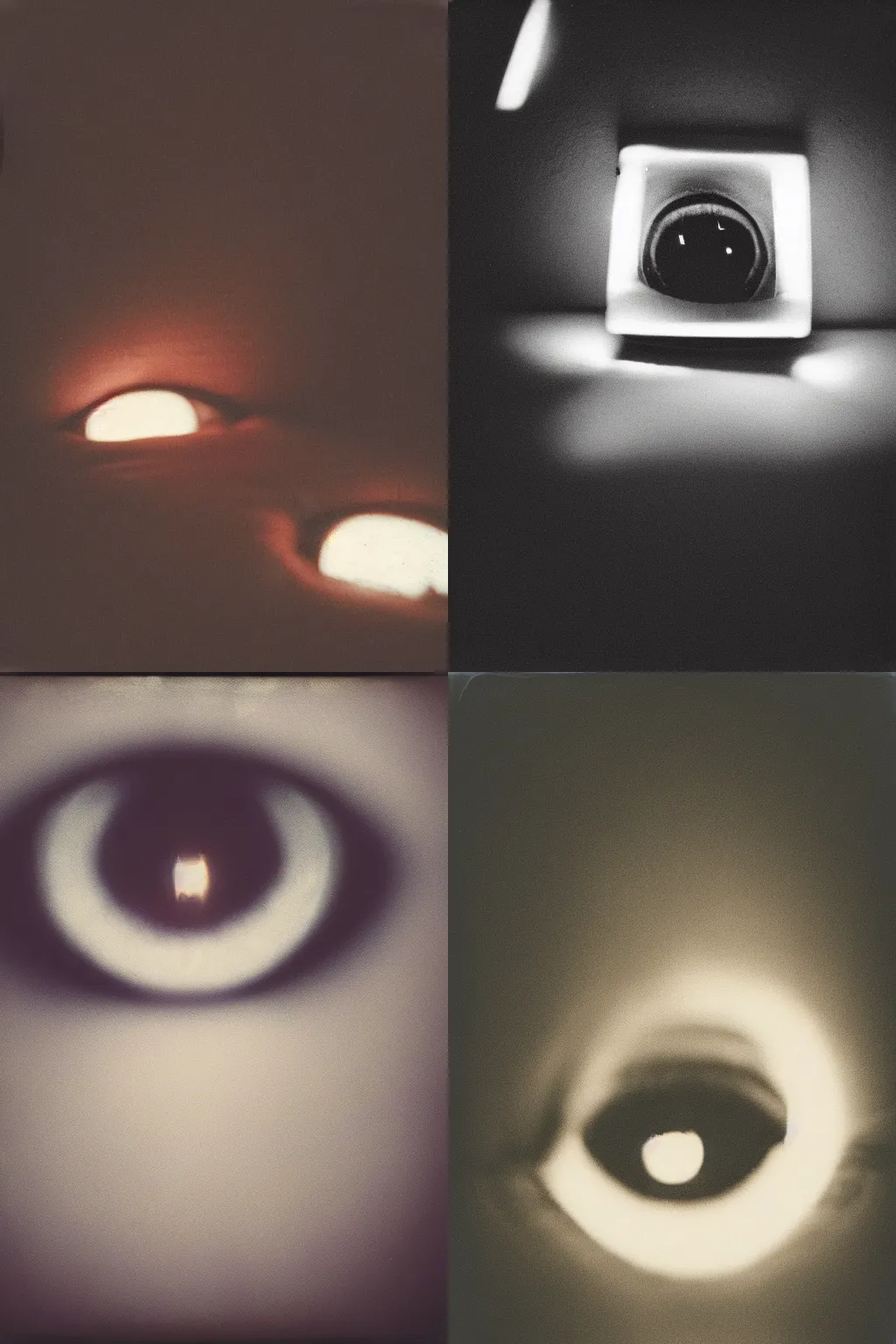 Prompt: grainy polaroid of a pair of eyes glowing under a bed in a dark bedroom, creepy, scary, film photography, 4k, high quality