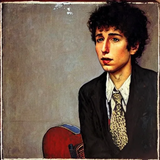 Prompt: “portrait of a young Bob Dylan, by Norman Rockwell”