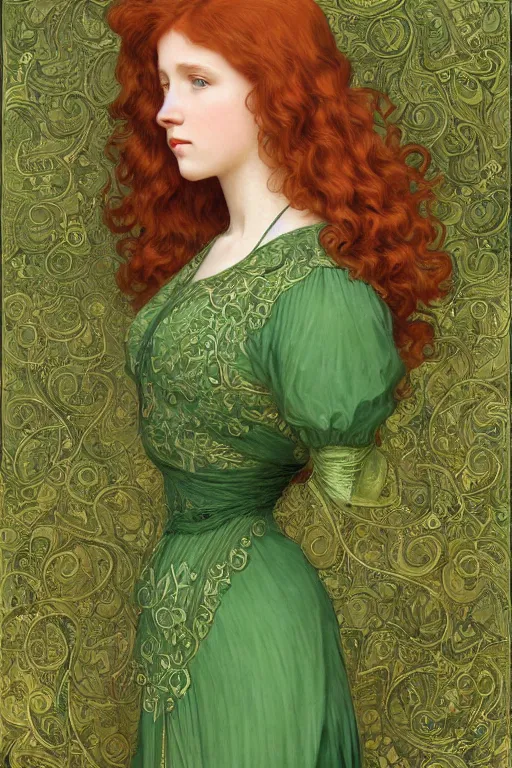 Image similar to intricate art nouveau oil painting of redheaded young millie bobby brown with long hair blowing in the wind, wearing an intricate green lace dress, highly detailed, intricate golden symmetric pattern background, elegant, digital painting, smooth, sharp focus, illustration, ultra realistic, 8 k, by bouguereau, alphonse mucha, artgerm, and donato giancola