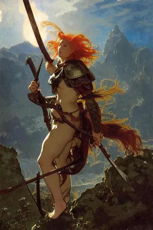 Image similar to full - body matte portrait of a legion of red haired lesbian valkyries in a heroic pose and wearing thick bronze plate armor at the top of a mountain holding a spear made of lightning, art by albert bierstadt, alphonse mucha, andreas rocha, greg rutkowski, sharp edges. ultra clear detailed. 8 k. elegant. octane render