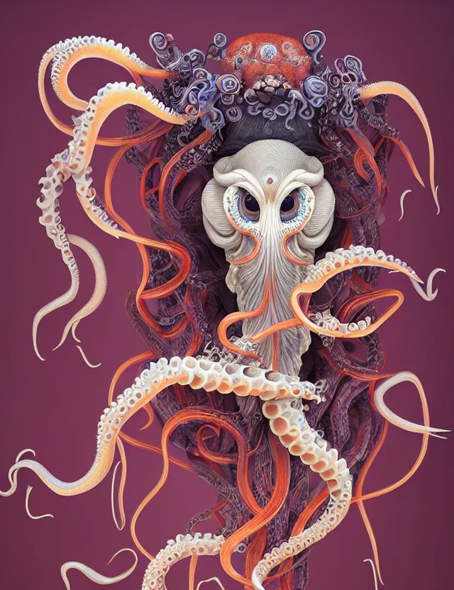 Image similar to 3 d goddess octopus half - turn portrait with long hair with ram skull. beautiful intricately detailed japanese crow kitsune mask and clasical japanese kimono. betta fish, jellyfish phoenix, bio luminescent, plasma, ice, water, wind, creature, artwork by tooth wu and wlop and beeple and greg rutkowski