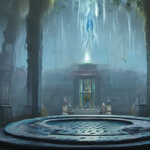 Image similar to a man cast a water spell inside a temple, artstation