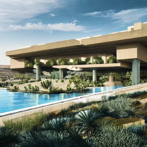 Image similar to architectural rendering of habitat 6 7 in the desert, biophilia mood, pool, garden, highly detailed, cinematic,