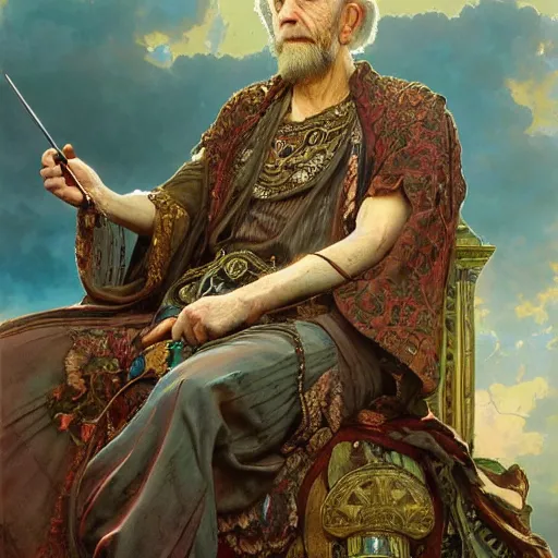 Prompt: beautiful intricate exquisite imaginative exciting northern classical close up portrait of a sterampunk george carlin sitting with elegant deadly looks, flowing robe, ornate, intricate and soft by ruan jia, tom bagshaw, alphonse mucha, krenz cushart, beautiful roman architectural ruins in the background, epic sky, vray render, artstation, deviantart, pinterest, 5 0 0 px models