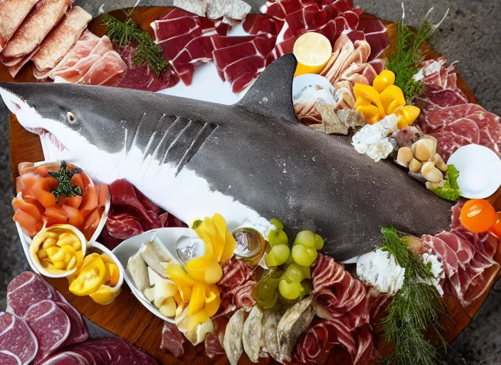 Image similar to underwater photo still of a great white shark looking at a charcuterie platter, 8 k
