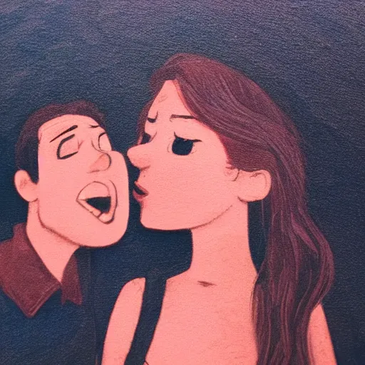 Image similar to lovers in the dark. art by disney extreme depicted facial expression, unperfect anatomy, unsharp focus, gloomy light, detailed and intricate environment, trending on tik tok