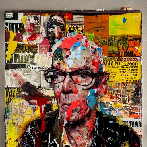 Prompt: hyperrealistic, photorealistic, mixed media oil painting of hunter s thompson, magazine scraps, plaster, blood, oil, mustard, splatter, greg rutkowski, basquiat, ralph steadman, wesley kimler, terry gilliam, andy warhol