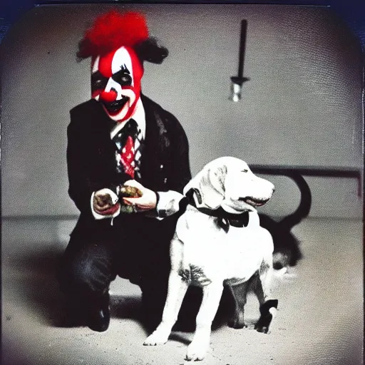 Prompt: Old polaroid photo of a Clown Vampire with cute puppy