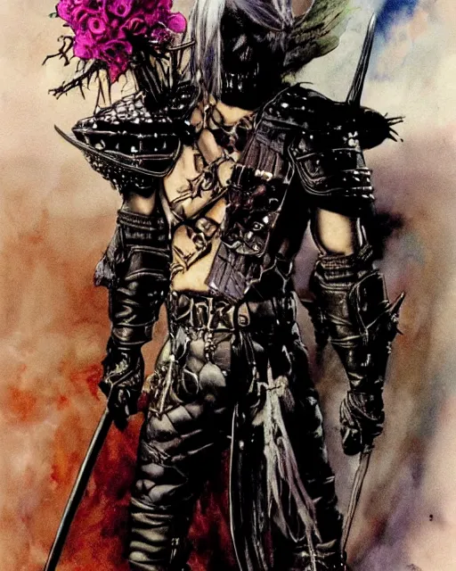 Image similar to portrait of a skinny punk goth wilford brimley wearing armor by simon bisley, john blance, frank frazetta, fantasy, thief warrior, colorful flowers floral