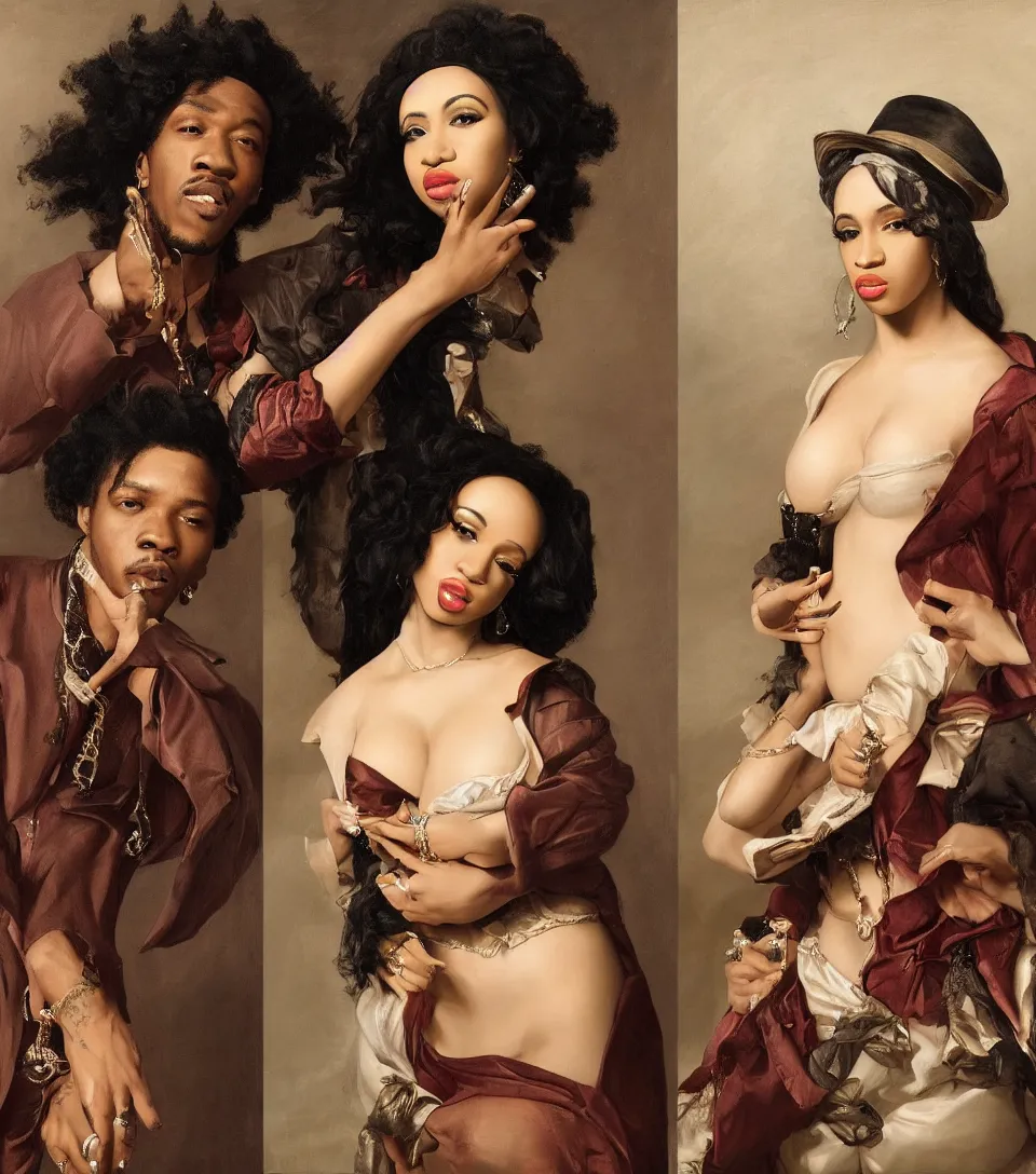 Prompt: portrait of cardi b and offset in the style of roberto ferri