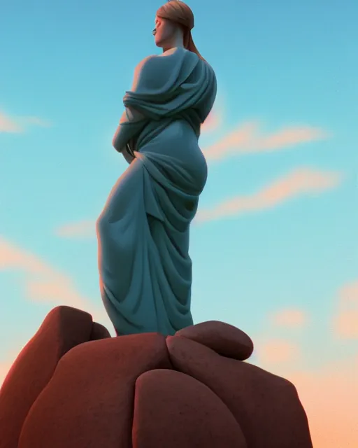 Image similar to a painting of a real woman standing in front of a huge stone statue, a screenshot by stanley twardowicz, cgsociety, aestheticism, aesthetic, vaporwave, anime aesthetic