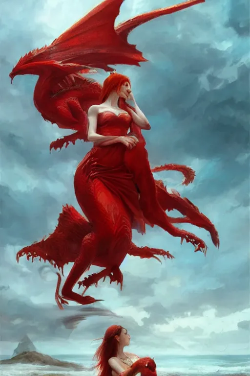 Prompt: Red hair woman in a sundress with a red dragon ,by Greg Rutkowski, Ruan Jia, Kentaro Miura, Artgerm