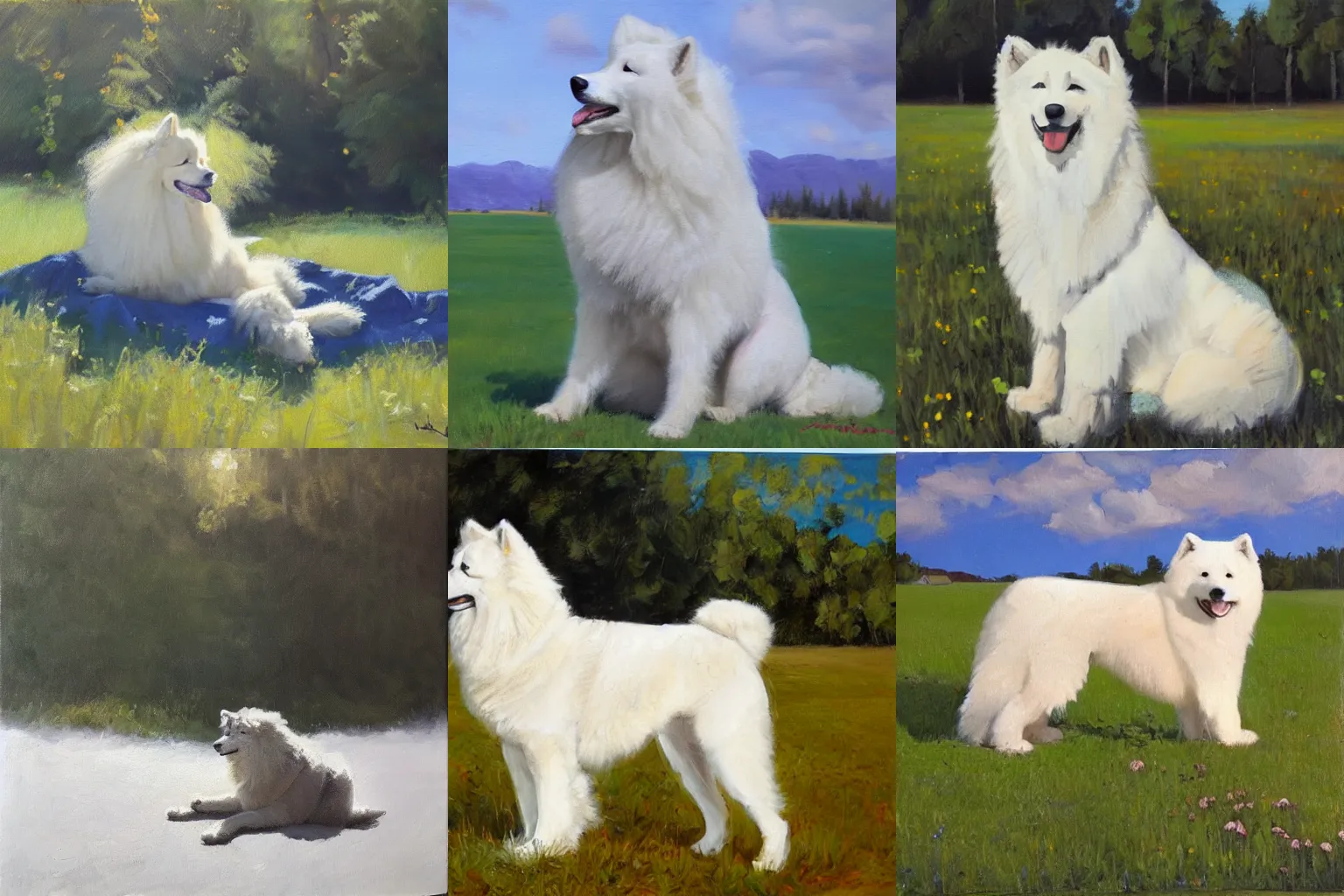 Prompt: a samoyed dog sitting in the middle of sunny meadow, oil painting by Jason Shawn Alexander