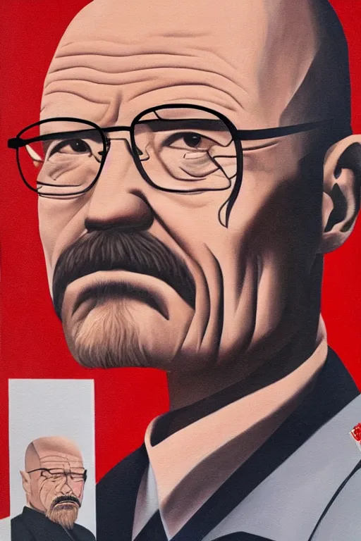 Prompt: a political portrait painting of walter white, north korean official propaganda art, sharp, perfect skin, glamorous eyes