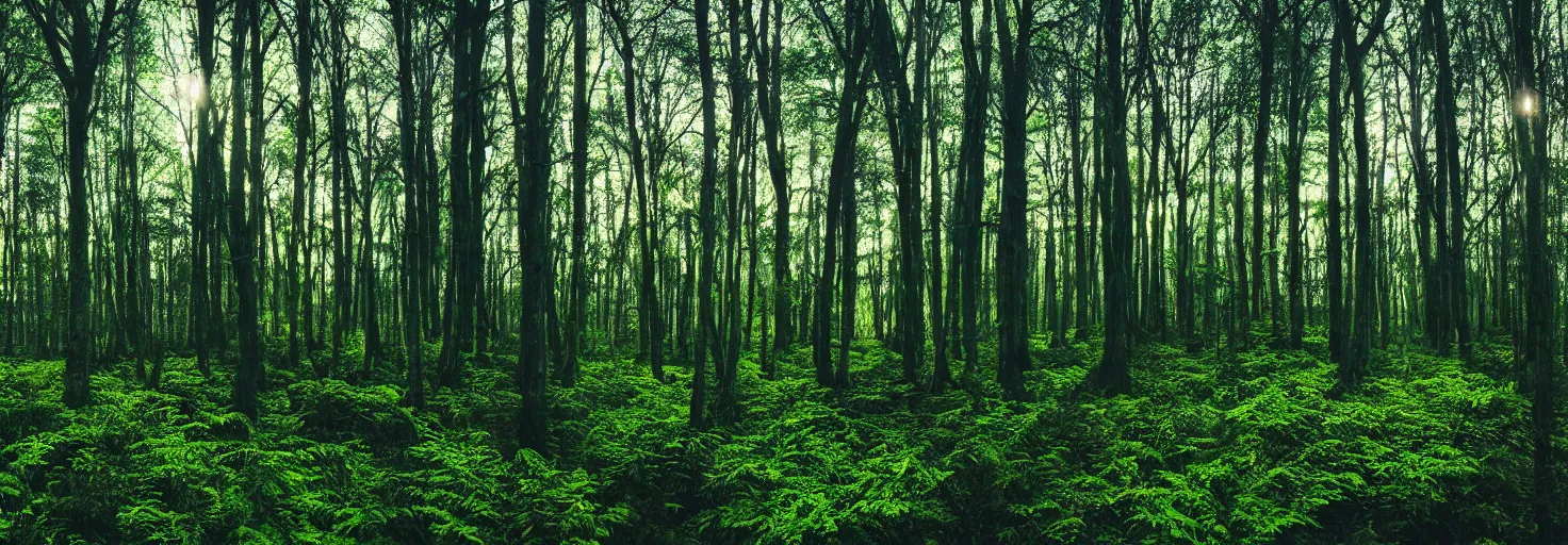 Image similar to a forest with glowing plants, magical, starts visible in the sky, wide shot, dramatic lighting