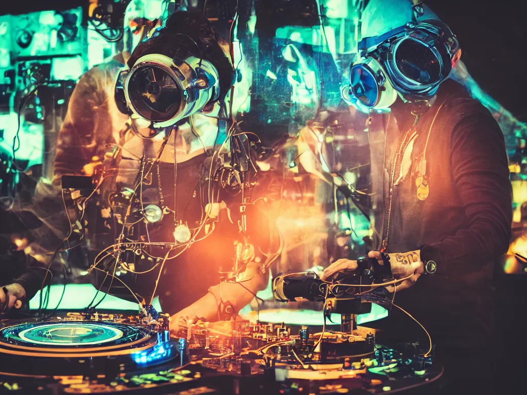 Image similar to a person wearing goggles and visor and headphones using a steampunk record player contraption, wires and tubes, turntablism dj scratching, intricate planetary gears, cinematic, imax, sharp focus, leds, bokeh, iridescent, black light, fog machine, hazy, lasers, hyper color digital art, cyberpunk