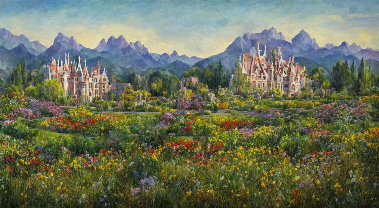 Prompt: a landscape painting of a manor designed by Antoni Gaudí, with flower fields as foreground, with mountains as background, trending on artstation