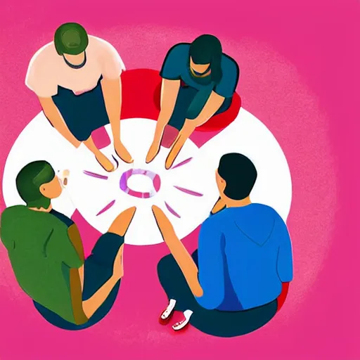 Prompt: a group of adults playing games on their phones while sitting in circle, digital painting, illustration