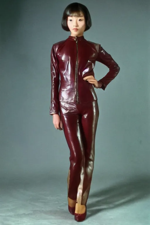 Prompt: youthful asian blade runner demure, exquisite features, feminine cut, 1 9 7 0's frontiers in flight leather suit,