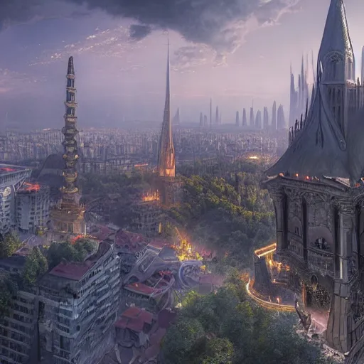 Prompt: an ultra detailed matte painting of the one impossibly tall ominous black spire in the palace district on an island in a river elevated high above the city fortress tower, fantasy capital city, ultrawide lense, aerial photography, volumetric lighting, exquisite detail, octane render, 8 k postprocessing, art by artgerm and greg rutkowski and alphonse mucha