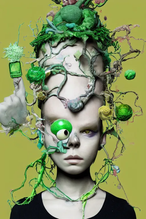 Image similar to nonbinary model, subject made of cracked clay, vine headdress, shinigami, moss patches, 2 0 mm, with pastel yellow and green bubbles bursting out, melting into bulbasaur, delicate, beautiful, intricate, houdini sidefx, by jeremy mann and ilya kuvshinov, jamie hewlett and ayami kojima, bold 3 d